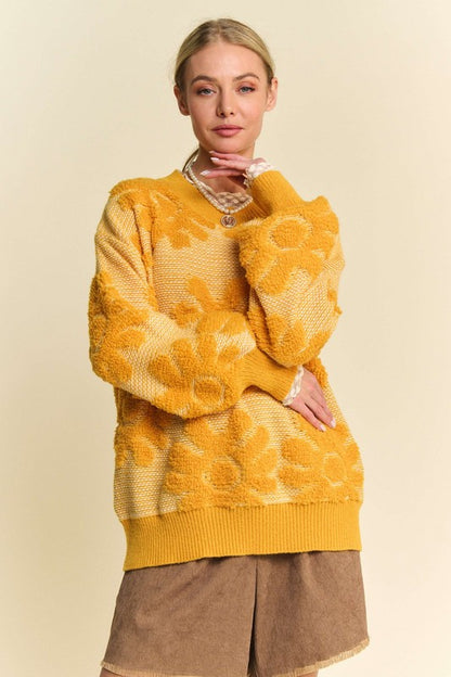 Davi & Dani Flower Texture Round Neck Dropped Shoulder Sweater - Tigbul's Variety Fashion Shop