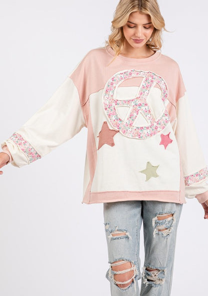 Pink Peace & Star Patch Contrast Round Neck Sweatshirt - Tigbul's Variety Fashion Shop