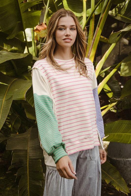 Pink Exposed Seam Slit Striped Round Neck T-Shirt - Tigbul's Variety Fashion Shop