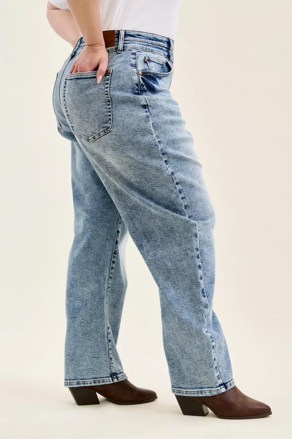 Light Blue high-waist jeans side view with double waistband and stitched seams