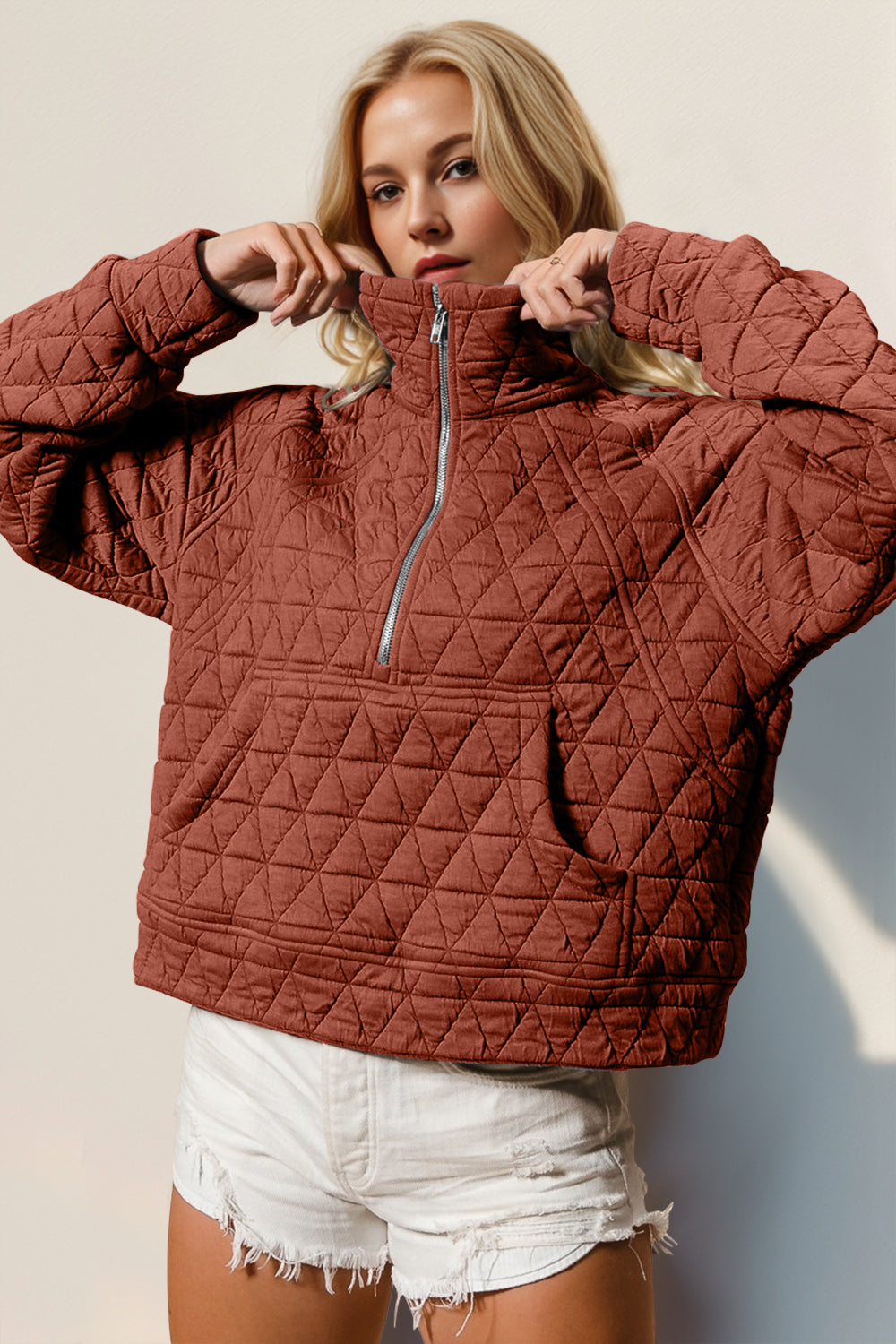 Double Take Half Zip Long Sleeve Quilted Sweatshirt with Pocket - Tigbul's Variety Fashion Shop