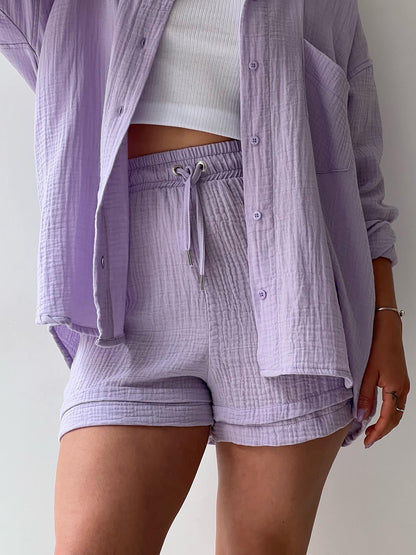 Texture Button Up Shirt and Drawstring Shorts Set - Tigbuls Variety Fashion