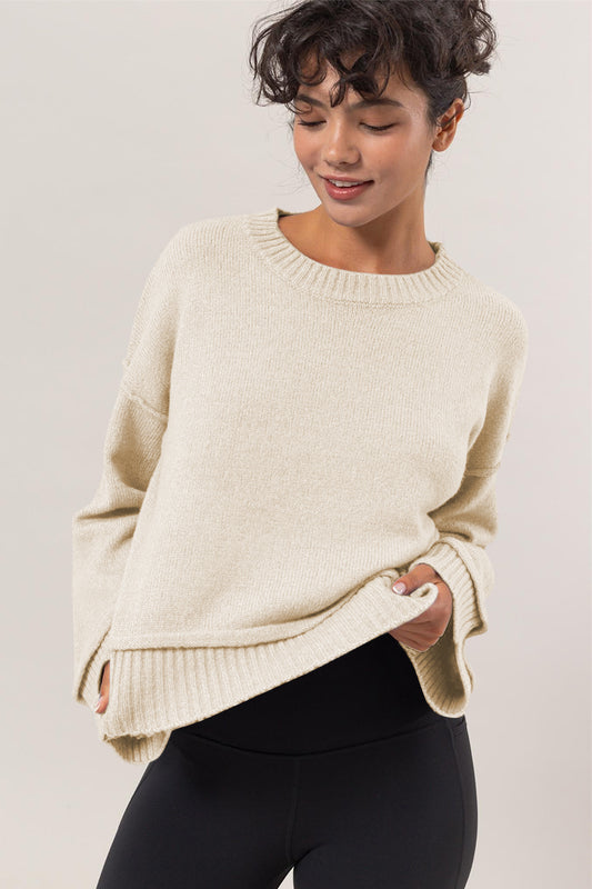 Round Neck Dropped Shoulder Ribbed Sweater In Cream - Tigbul's Variety Fashion Shop