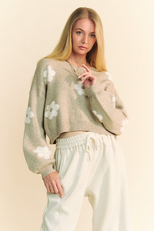 Tan Floral Drop Shoulder Cropped Sweater - Tigbul's Variety Fashion Shop