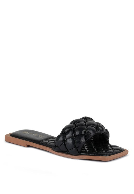 Black patent PU quilted slide with braided woven strap and open square toe