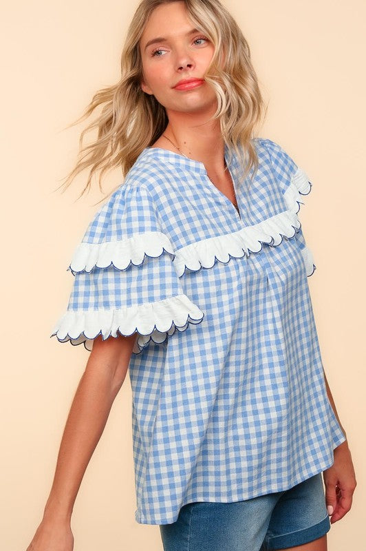 Haptics Full Size Plaid Scallop Hem Notched Short Sleeve Blouse - Tigbul's Variety Fashion Shop