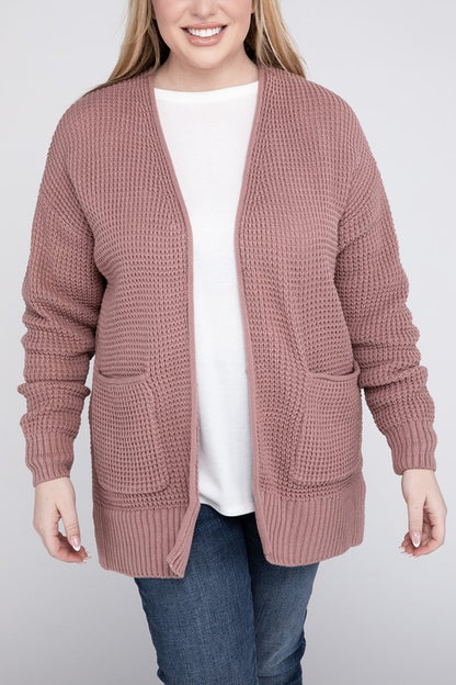 Plus Low Gauge Waffle Open Cardigan Sweater - Tigbuls Variety Fashion