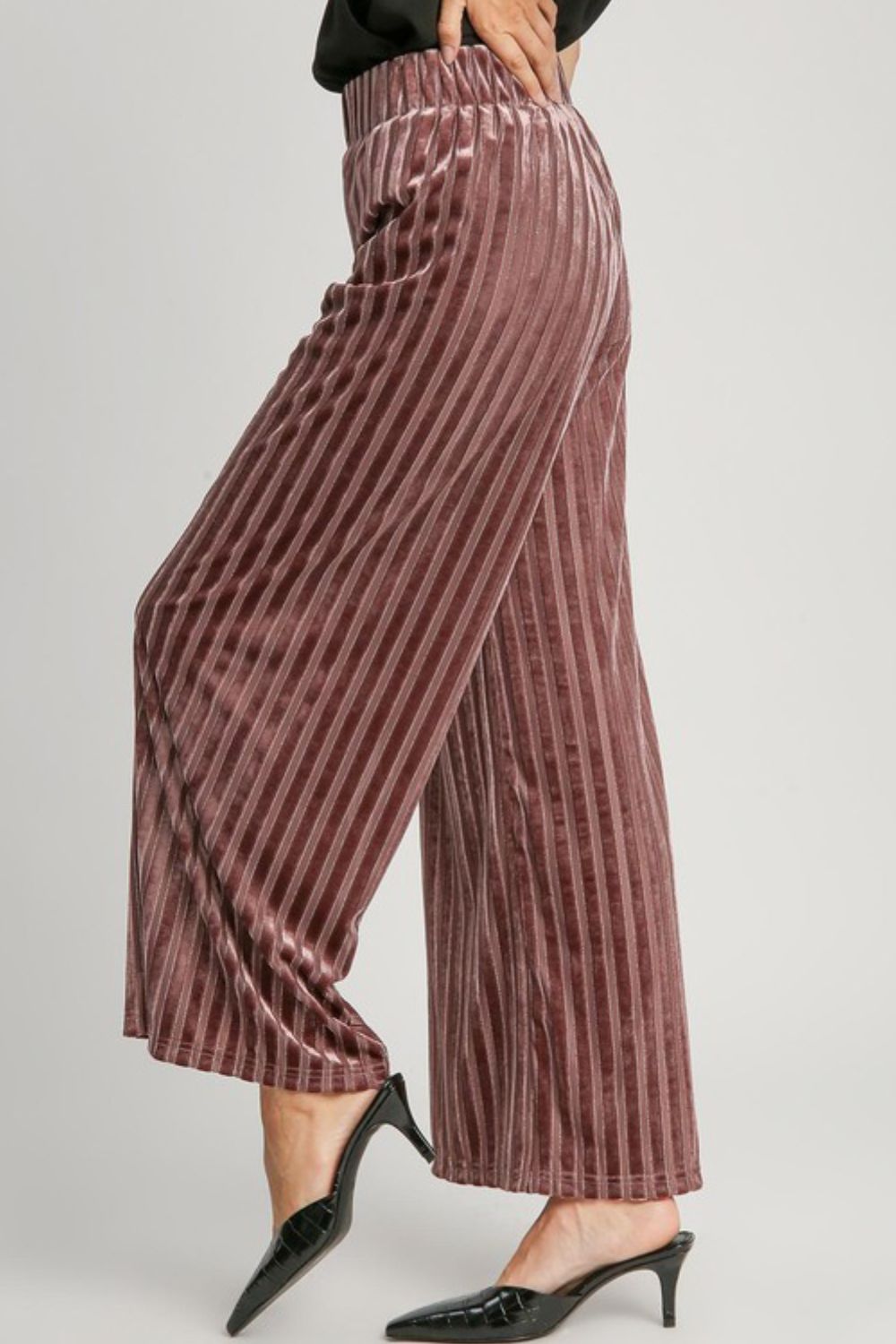 Umgee Full Size Elastic Waist Striped Wide Leg Velvet Pants - Tigbul's Variety Fashion Shop