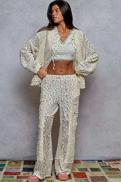 POL Floral Balloon Sleeve Hooded Lace Jacket with Stitch Detail - Tigbul's Variety Fashion Shop