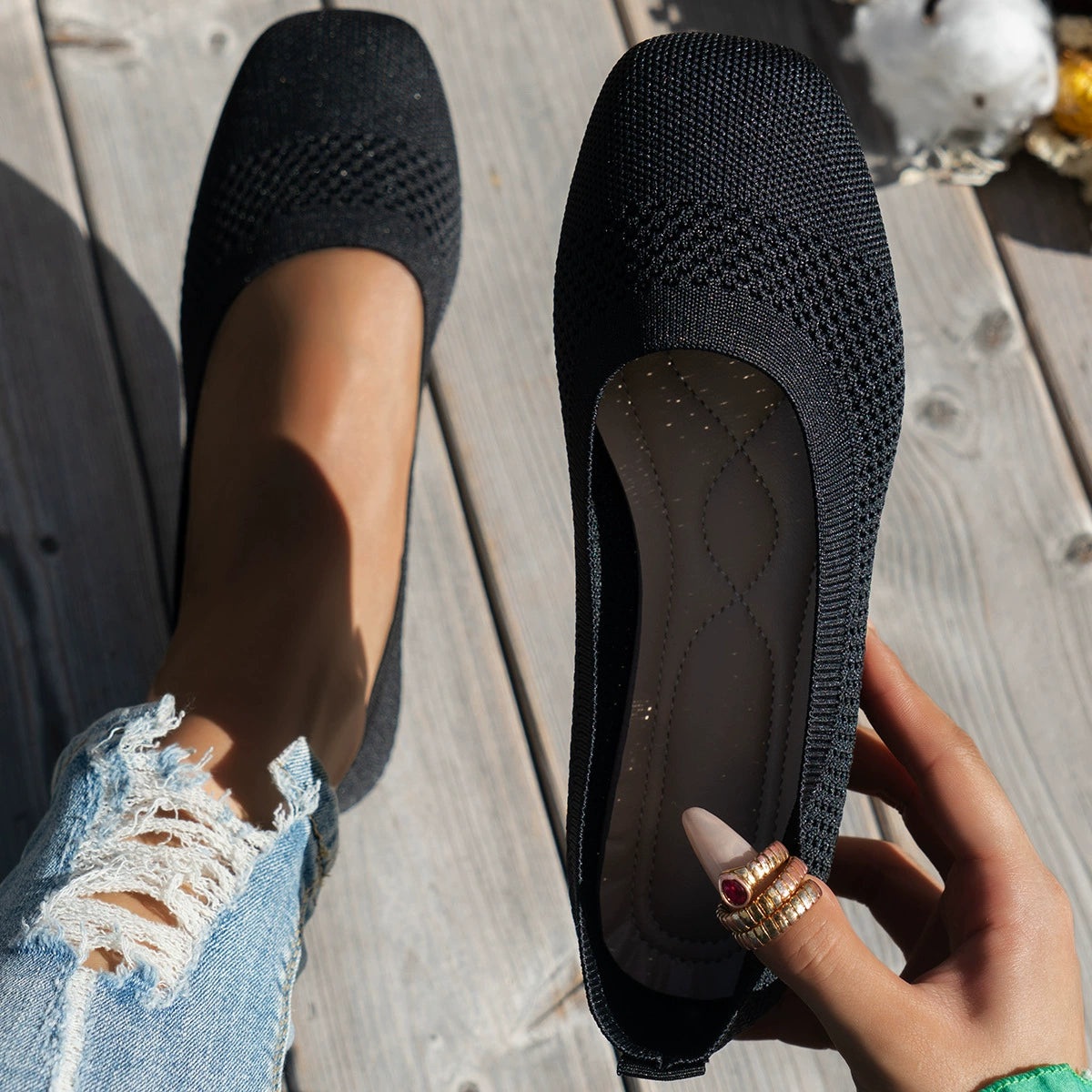 Square Toe Solid Color Mesh Slip-On Flats | Tigbuls Variety Fashion