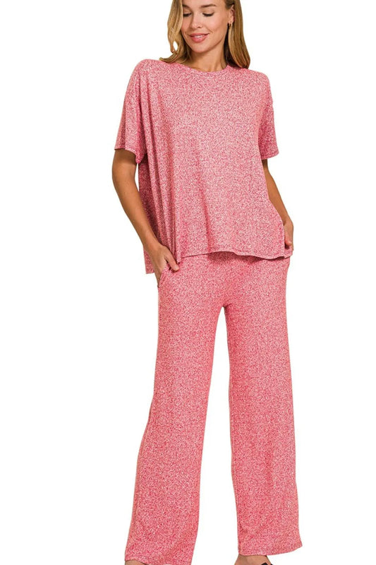 Zenana Soft Melange Short Sleeve Tee & Long Pants Set - Tigbul's Variety Fashion Shop