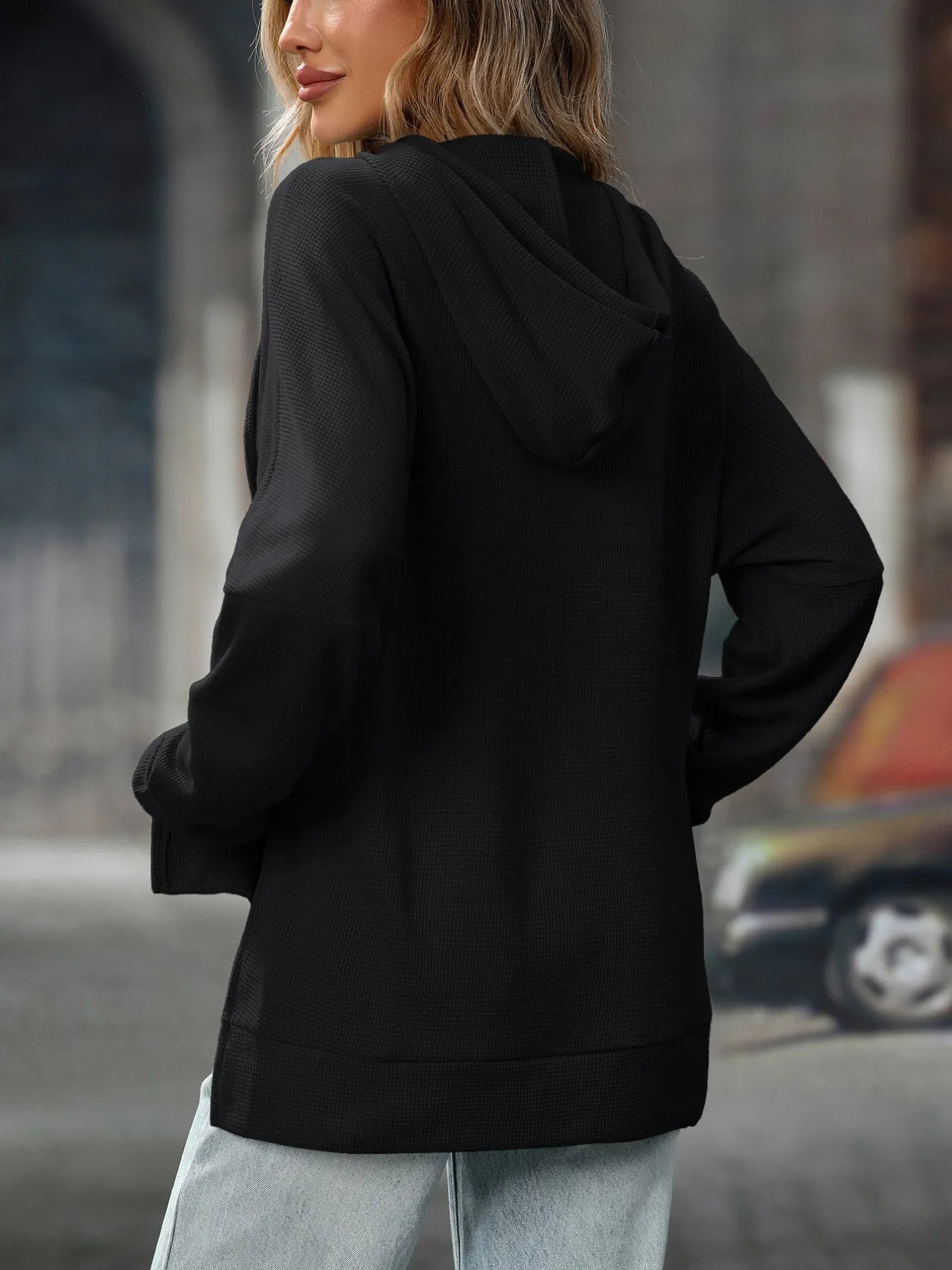 Textured Drawstring Long Sleeve Hoodie - Tigbul's Variety Fashion Shop
