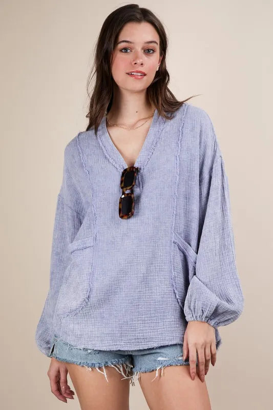 Blue Plus Size Washed Cotton Gauze Oversized Top - Tigbul's Variety Fashion Shop