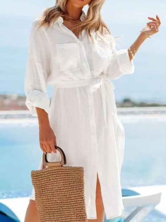 Button Down Tie Waist Shirt Dress - Tigbul's Variety Fashion Shop