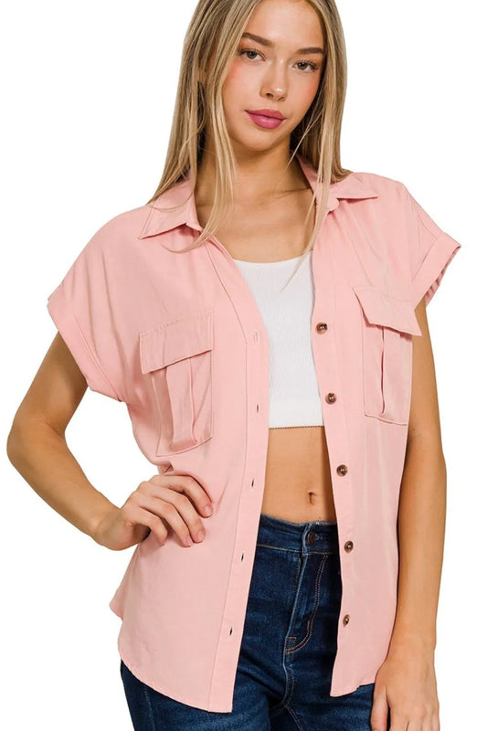 Zenana Tencel V-neck Collared Top W Front Flap Pockets - Tigbul's Variety Fashion Shop