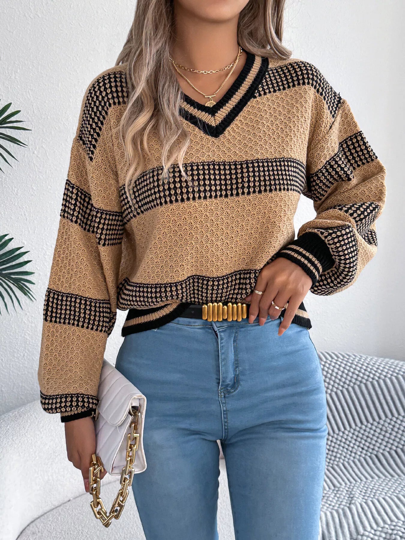 Contrast Striped V-Neck Sweater - Tigbul's Variety Fashion Shop