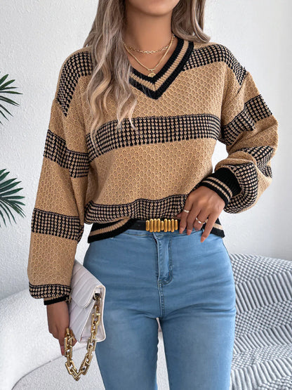 Contrast Striped V-Neck Sweater - Tigbul's Variety Fashion Shop