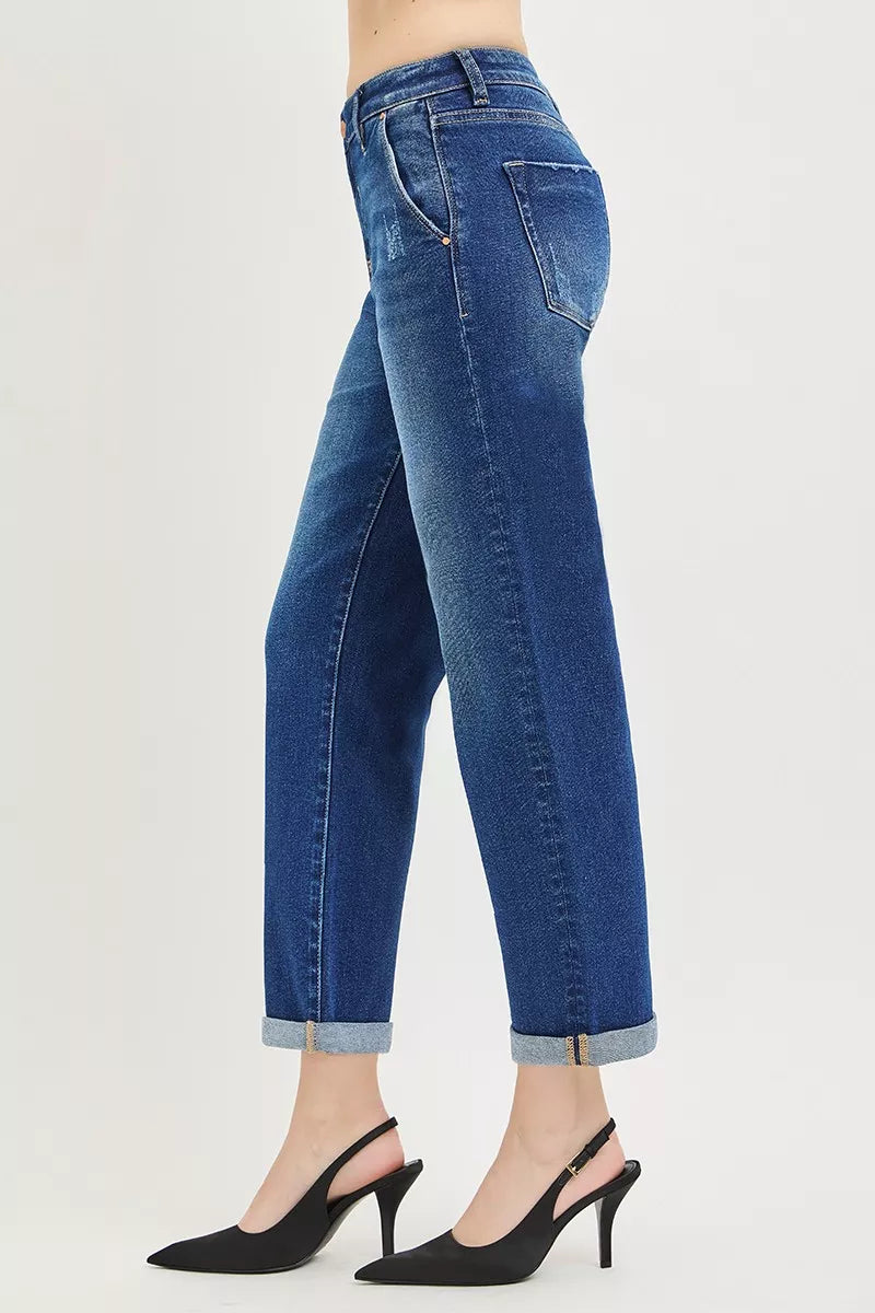 Dark-wash slouchy cropped boyfriend jeans with cuffed hem, side view