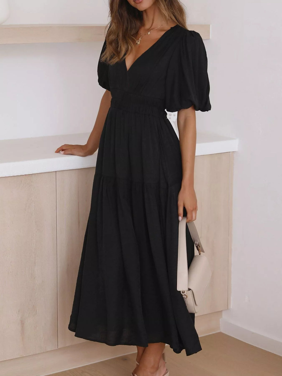 Elegant Puff Sleeve V-Neck Midi Dress | Tigbuls Variety Fashion Shop