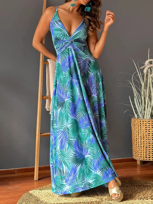 Tropical Print V-Neck Maxi Dress - Tigbul's Variety Fashion Shop