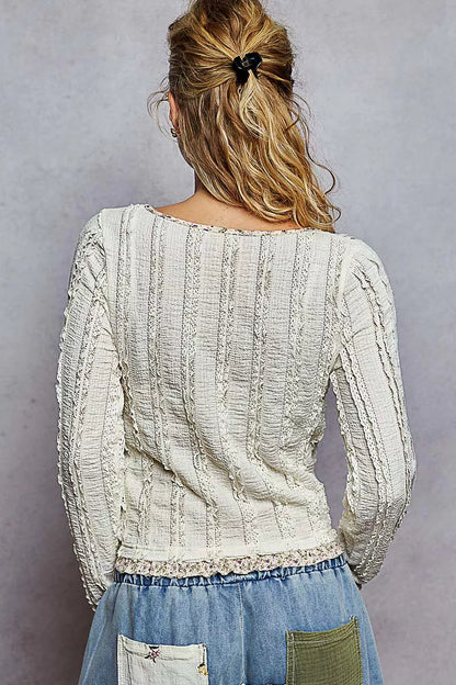 POL Texture Long Sleeve Blouse with Floral Ruffled - Tigbul's Variety Fashion Shop
