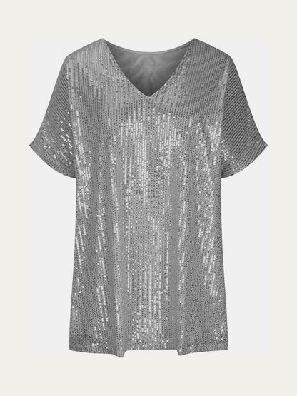 Sequin V-Neck Short Sleeve Top Blouse, Small to 3XL - Tigbul's Variety Fashion Shop