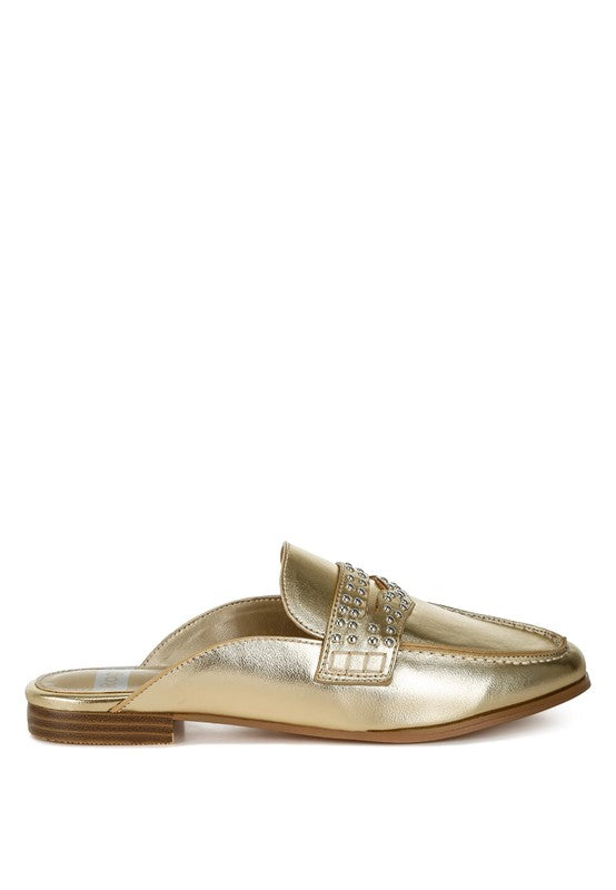 Adam Lane Gold Stud Detail Metallic Pleather Mules - Tigbul's Variety Fashion Shop