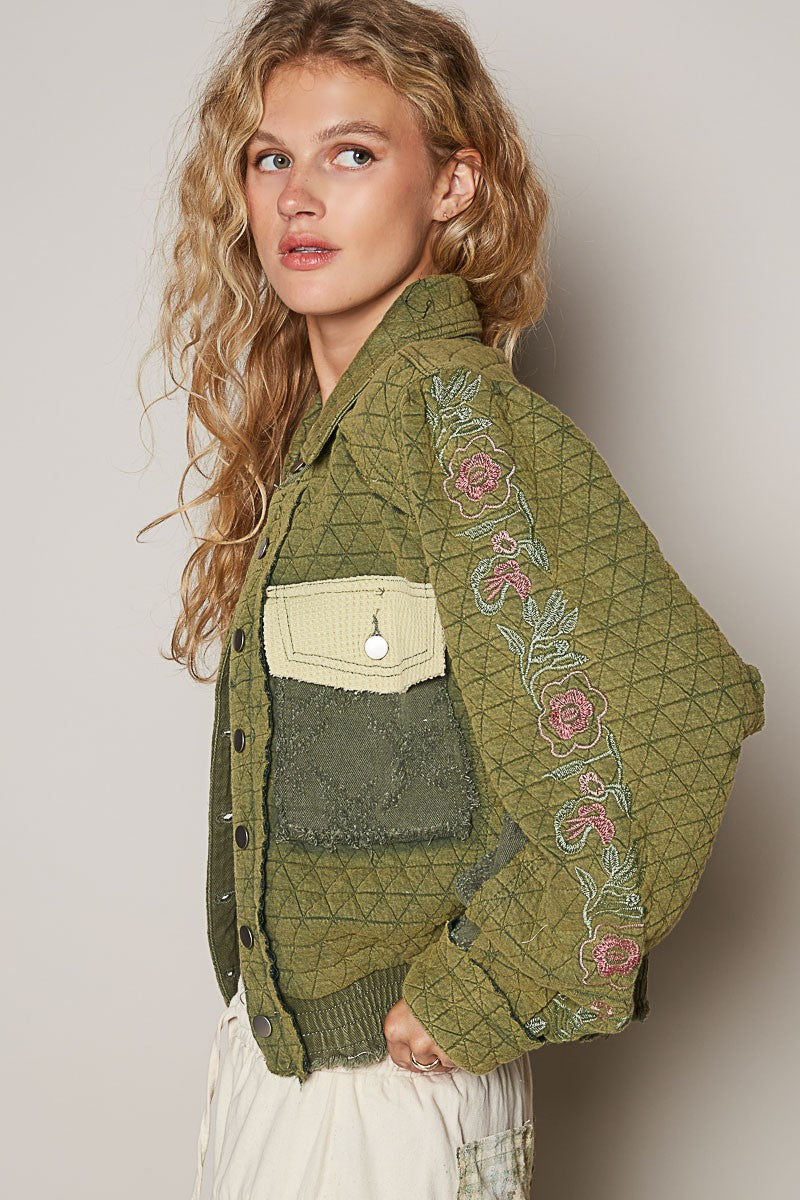 POL Embroidered Sleeve Raw Edge Quilted Jacket - Tigbul's Variety Fashion Shop