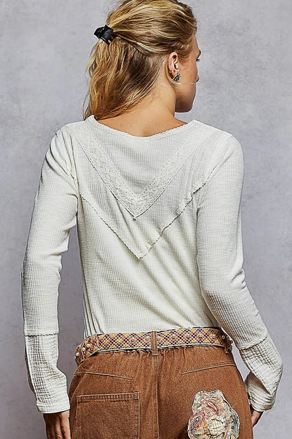 POL Ribbed Half Button Lace Detail Knit Top - Tigbul's Variety Fashion Shop