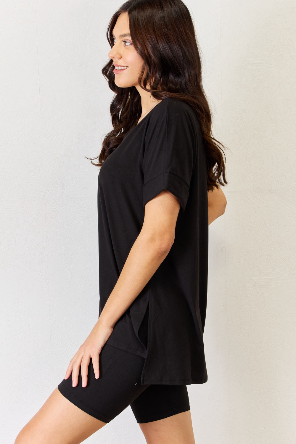 Black V-Neck Short Sleeve Slit T-Shirt and Shorts Set - Tigbul's Variety Fashion Shop