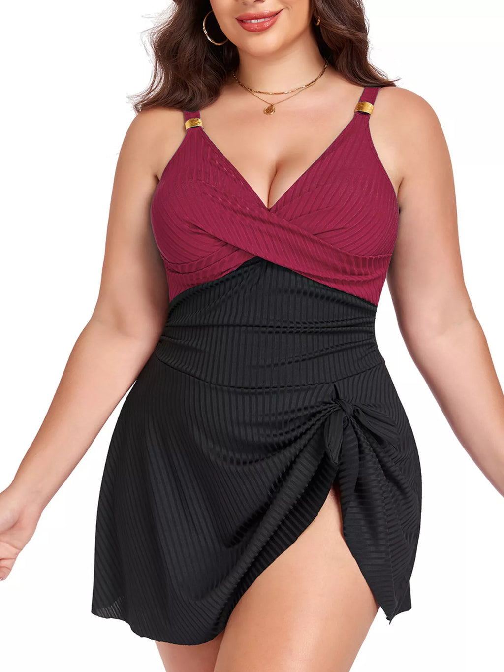 Plus Size ruched swim dress with burgundy top panel, black skirt and drawstring front