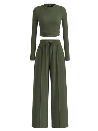 Round Neck Long Sleeve Top and Pants Set - Tigbul's Variety Fashion Shop