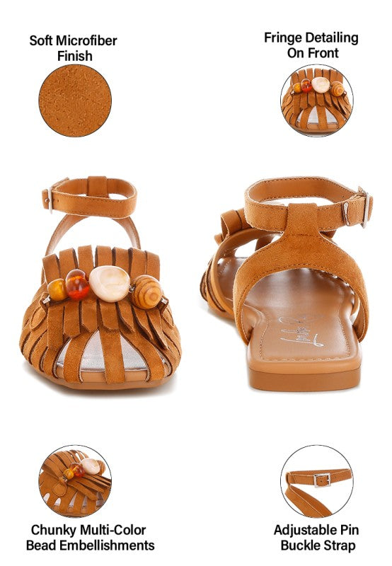 Tan cutwork flat sandals infographic: soft microfiber finish and front fringe bead detail
