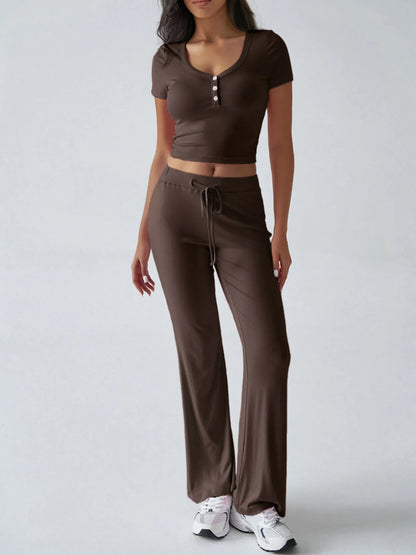 Casual Ribbed Short Sleeve Top and Pants Set - Tigbul's Variety Fashion Shop