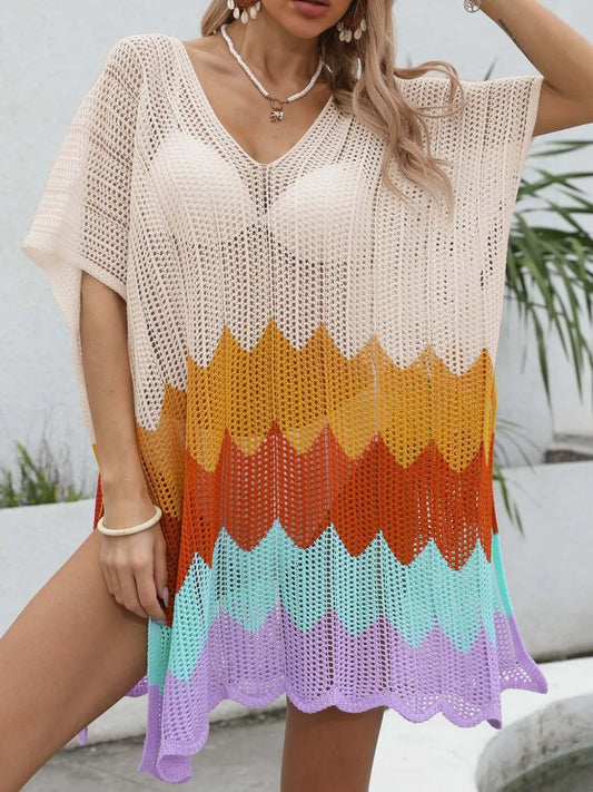 Openwork V-Neck Half Sleeve Cover-Up - Tigbul's Variety Fashion Shop