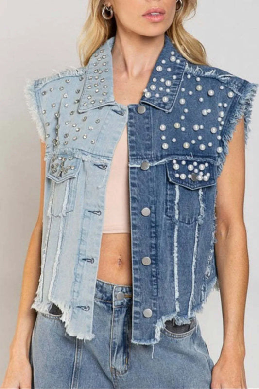Pearl Detail Raw Hem Button Up Blue Denim Vest - Tigbul's Variety Fashion Shop