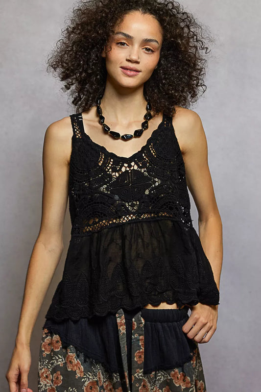 POL V-Neck Crochet Tank with Floral Embroidery Detail - Tigbul's Variety Fashion Shop