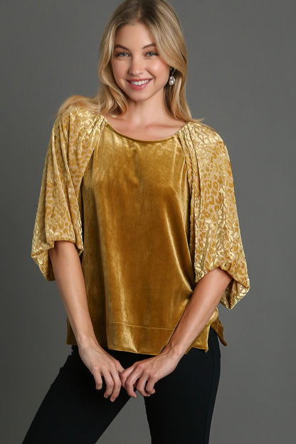 Umgee Round Neck Leopard Balloon Sleeve Velvet Top - Tigbul's Variety Fashion Shop