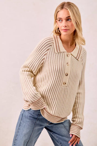 BiBi Half Button Ribbed Two Tone Sweater - Tigbul's Variety Fashion Shop