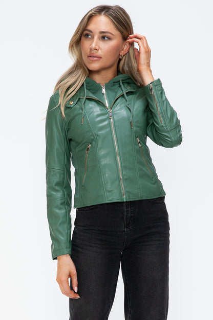 Faux Leather Zip Up Drawstring Hooded Jacket in Sage Green