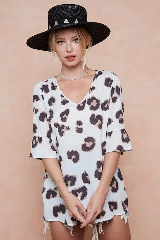 BiBi Leopard Printed V Neck Woven Top with Ruffled - Tigbul's Variety Fashion Shop
