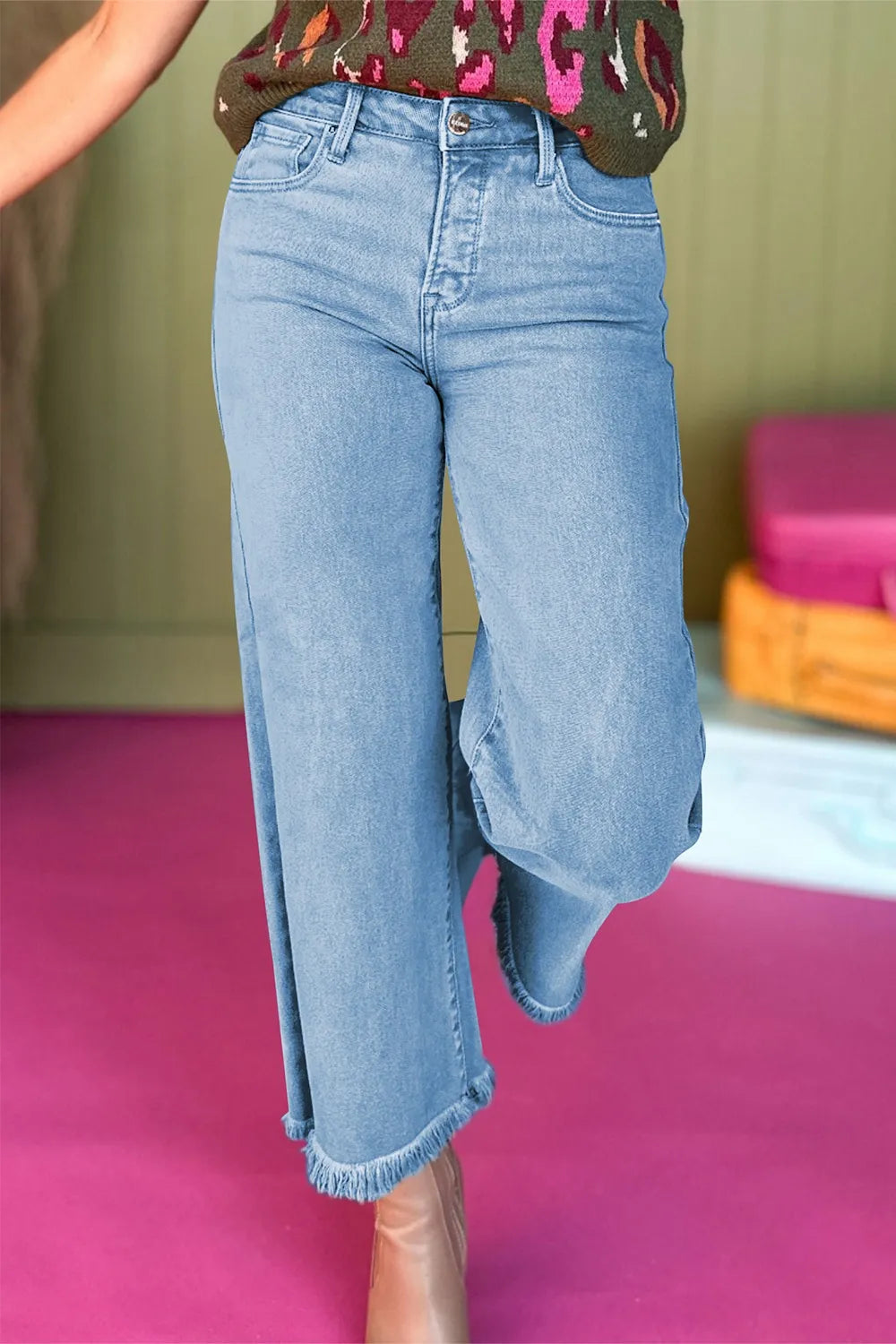 High-Waisted Wide Leg Frayed Hem Jeans - Tigbul's Variety Fashion Shop