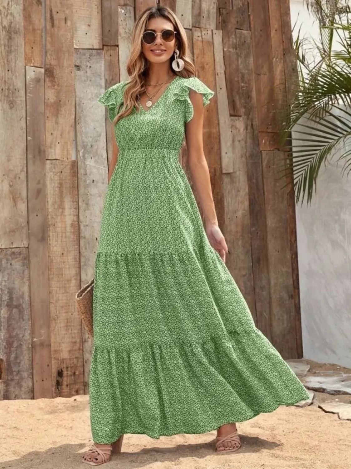 Printed V-Neck Ruffled Cap Sleeve Maxi Dress - Tigbul's Variety Fashion Shop