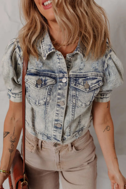 Wash Buttoned Chest Pocket Puff Sleeve Denim Jacket - Tigbul's Variety Fashion Shop