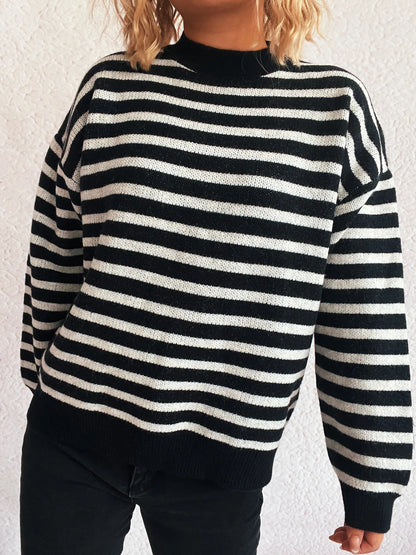 Striped Mock Neck Long Sleeve Sweater - Tigbul's Variety Fashion Shop