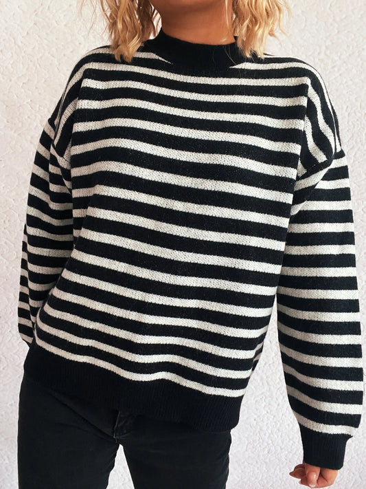 Striped Mock Neck Long Sleeve Sweater - Tigbul's Variety Fashion Shop