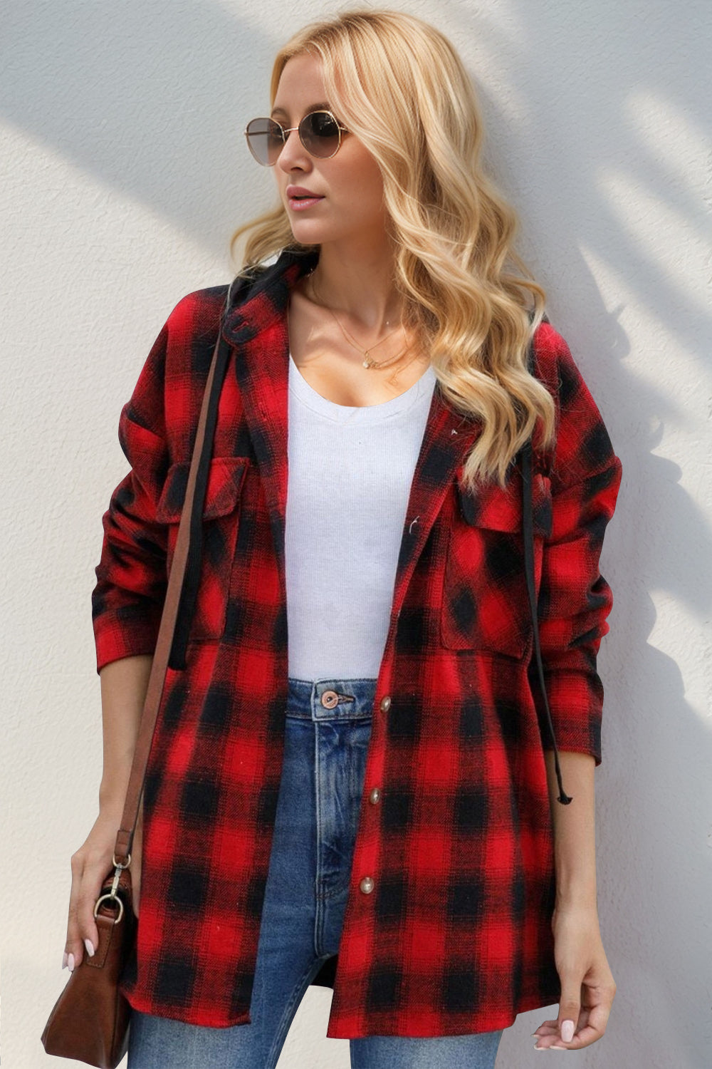 Double Take Drawstring Plaid Long Sleeve Hooded Shacket - Tigbul's Variety Fashion Shop