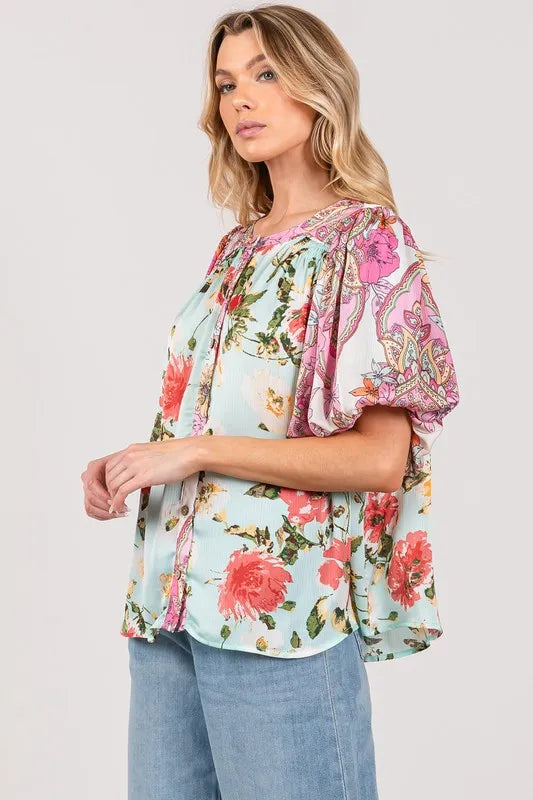 Plus Size Floral Mineral Wash Blue French Terry Button Up Shirt - Tigbul's Variety Fashion Shop