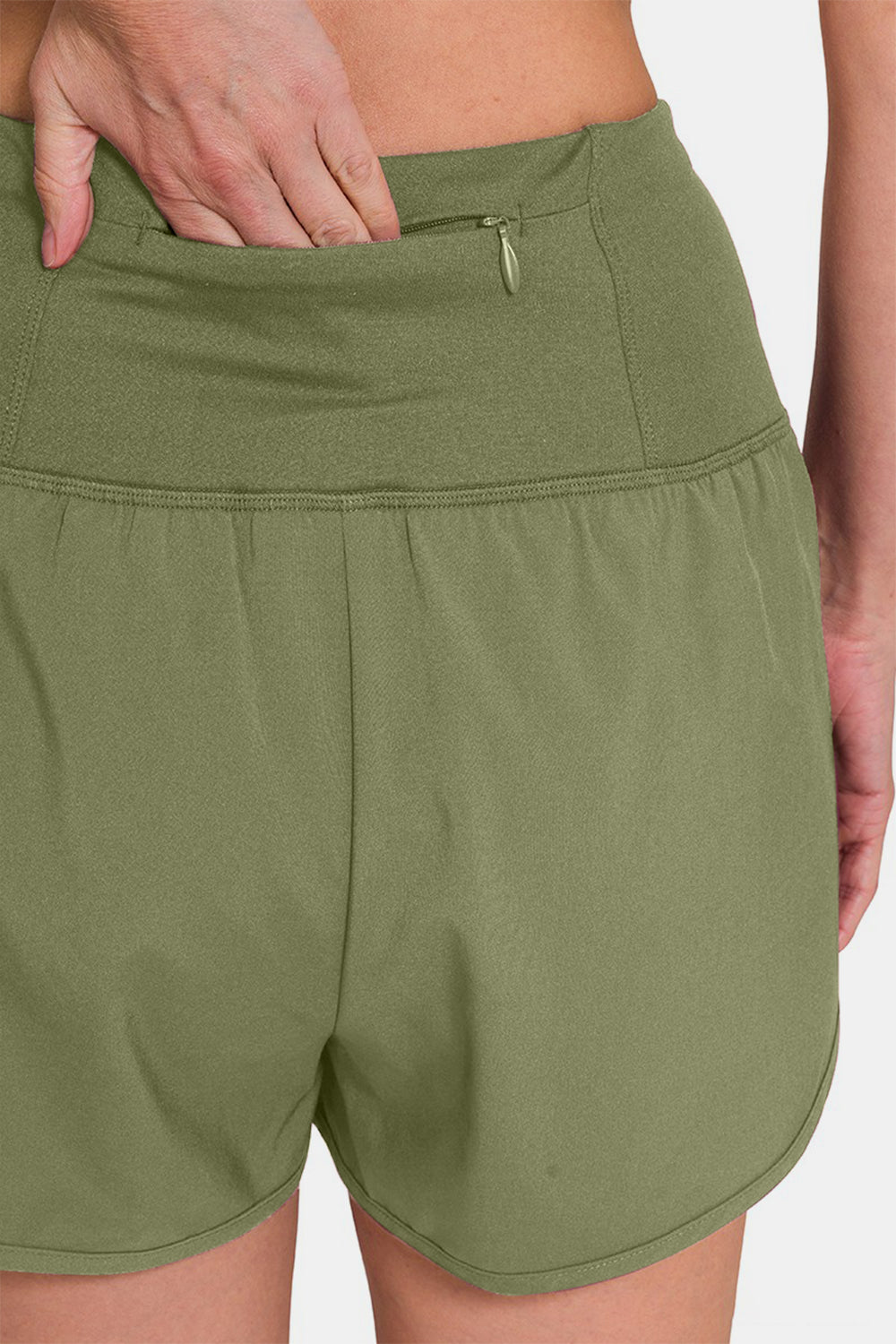 Green High-Waisted Zippered Back Pocket Active Shorts - Tigbul's Variety Fashion Shop