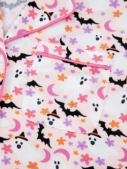 Halloween Ghost Print Button Up Top and Pants Lounge Set - Tigbul's Variety Fashion Shop